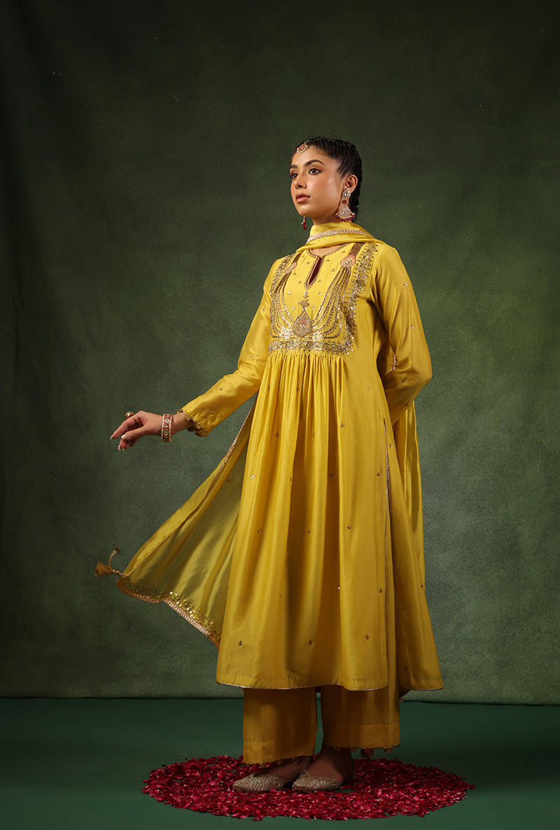 Yellow Heavy Zardosi Yoke Ishq Kurta Set