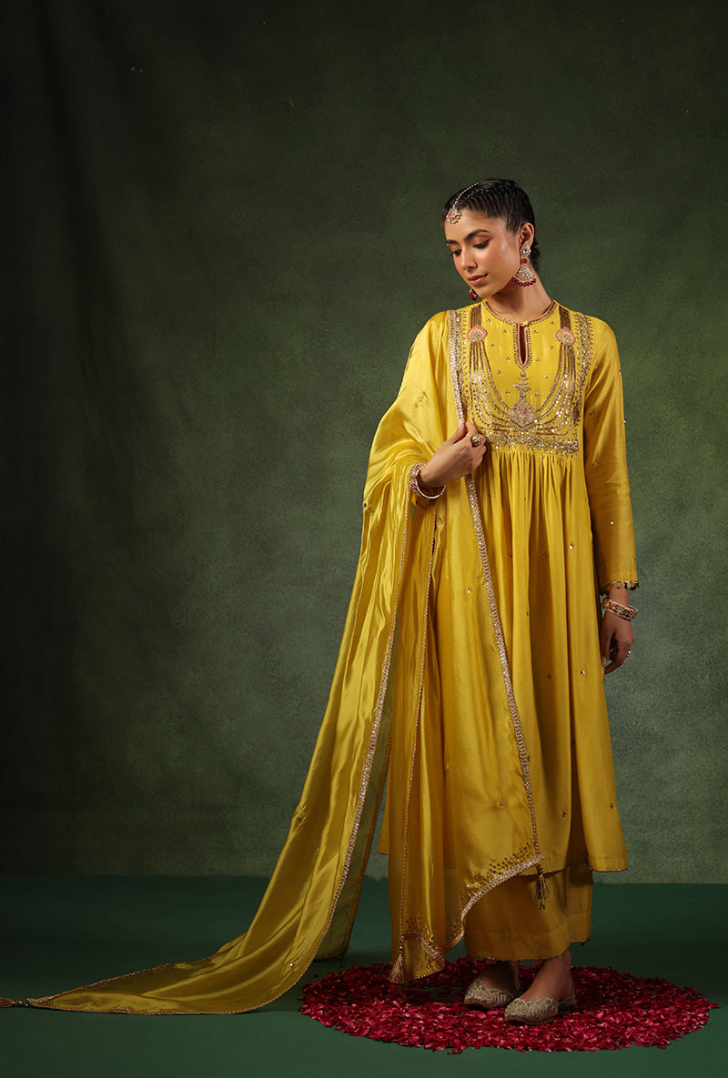 Yellow Heavy Zardosi Yoke Ishq Kurta Set