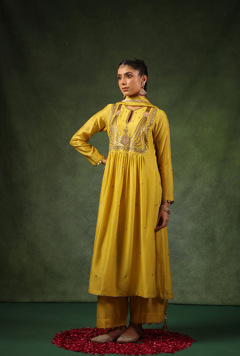 Yellow Heavy Zardosi Yoke Ishq Kurta Set