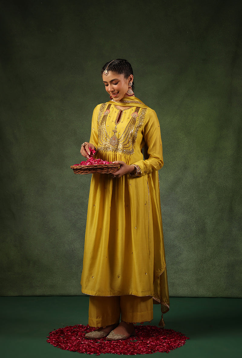 Yellow Heavy Zardosi Yoke Ishq Kurta Set