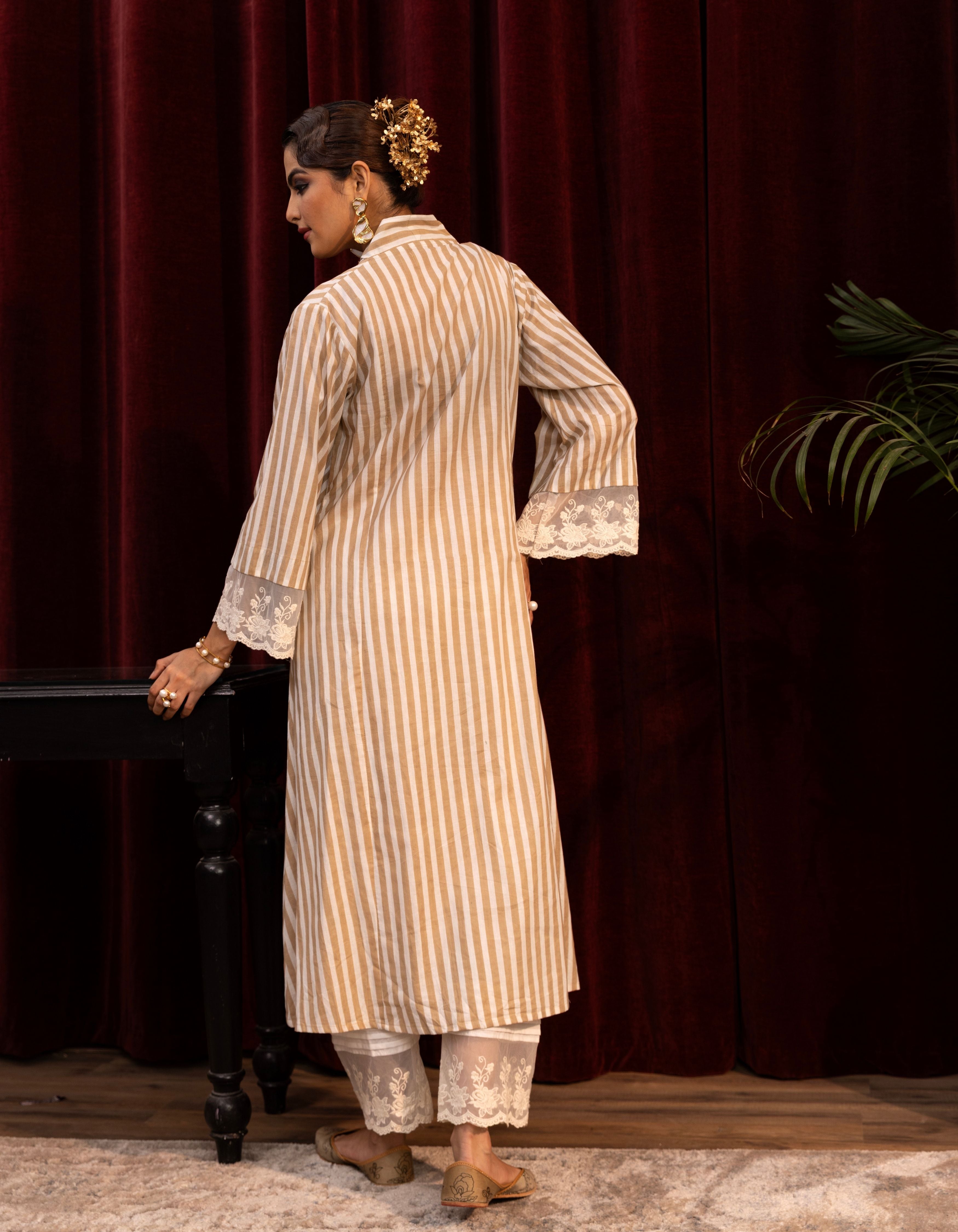 Beige and White Stripes Block Print Mogra Kurta Set