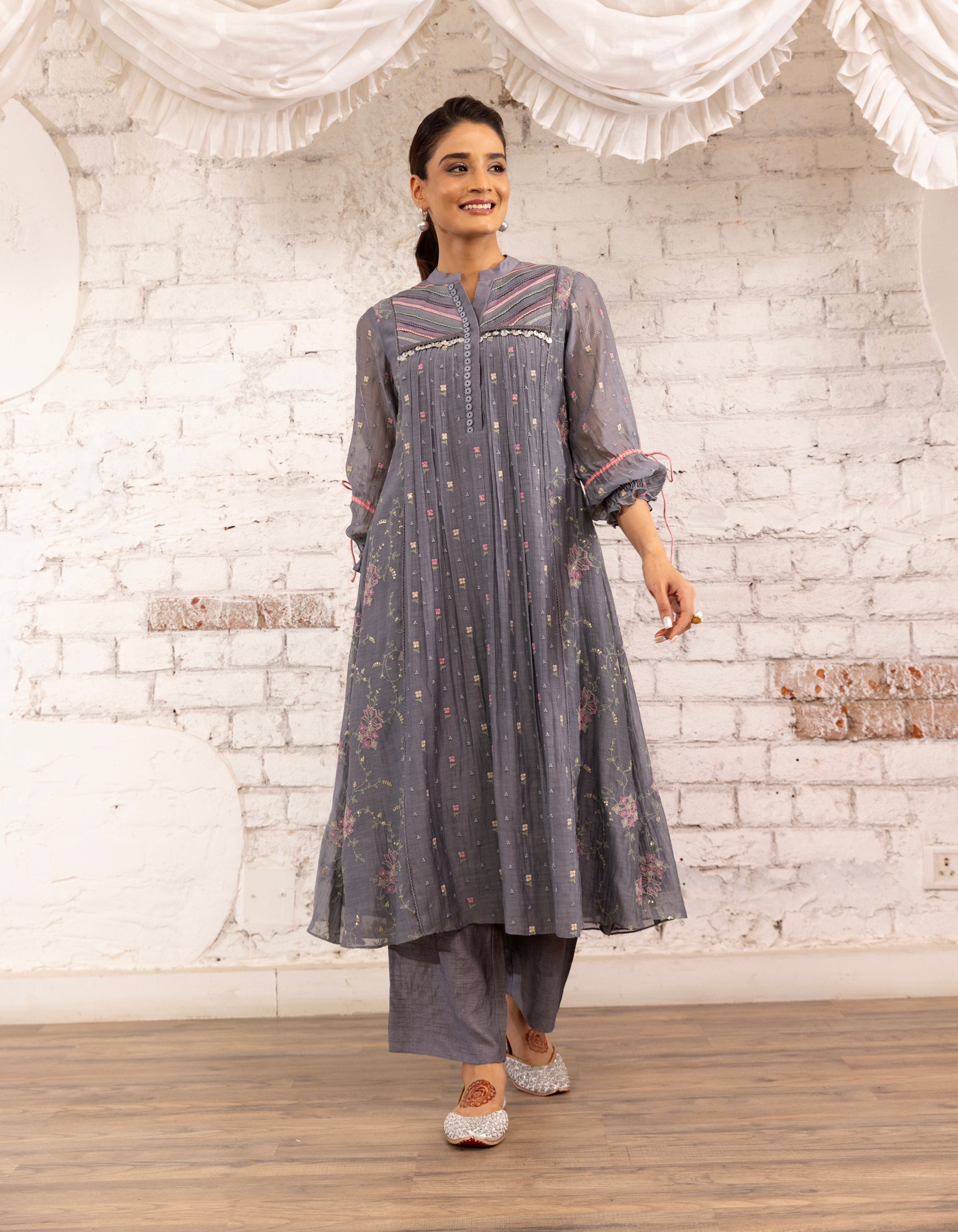 English Blue Threadwork Short Yoke Noor Kurta Set