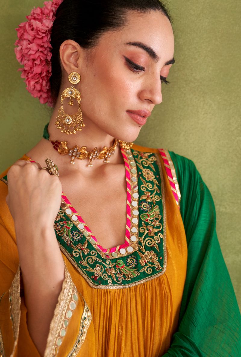 Mustard Contrast Neck Morbagh Kurta Set