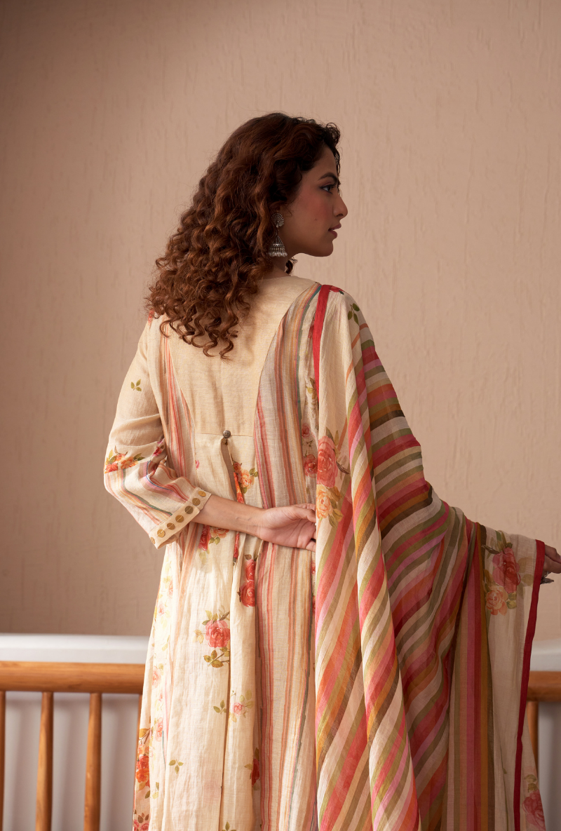 Ivory Sequin Yoke Bageecha Anarkali Set