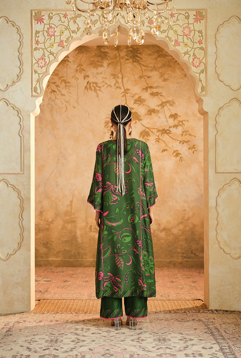 Green Floral Digital Printed Goonj Kurta Set