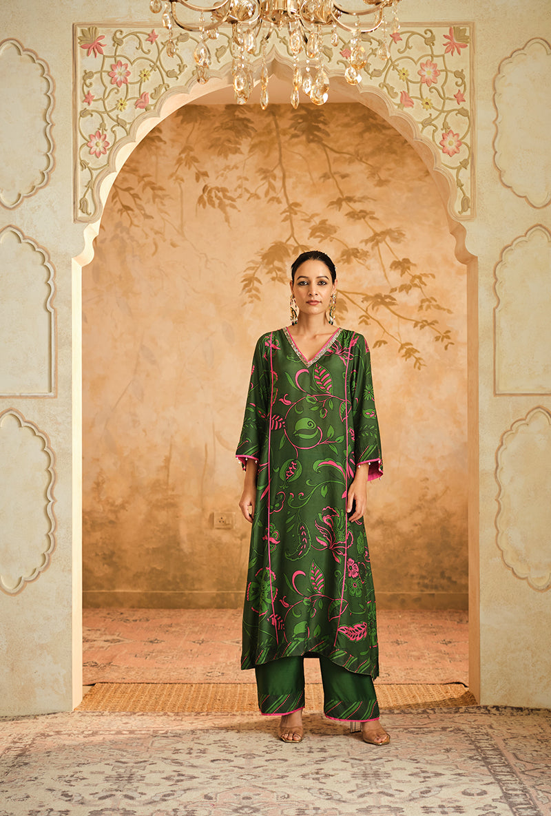 Green Floral Digital Printed Goonj Kurta Set
