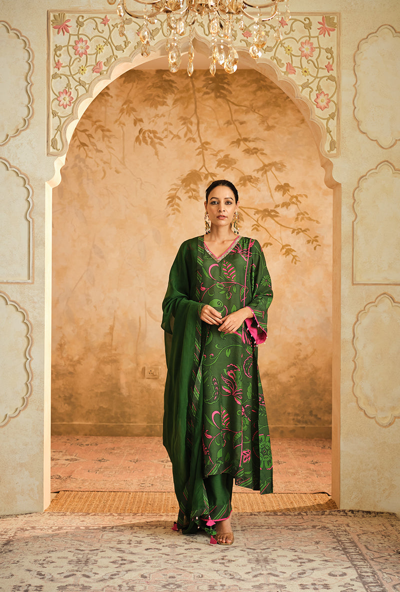 Green Floral Digital Printed Goonj Kurta Set