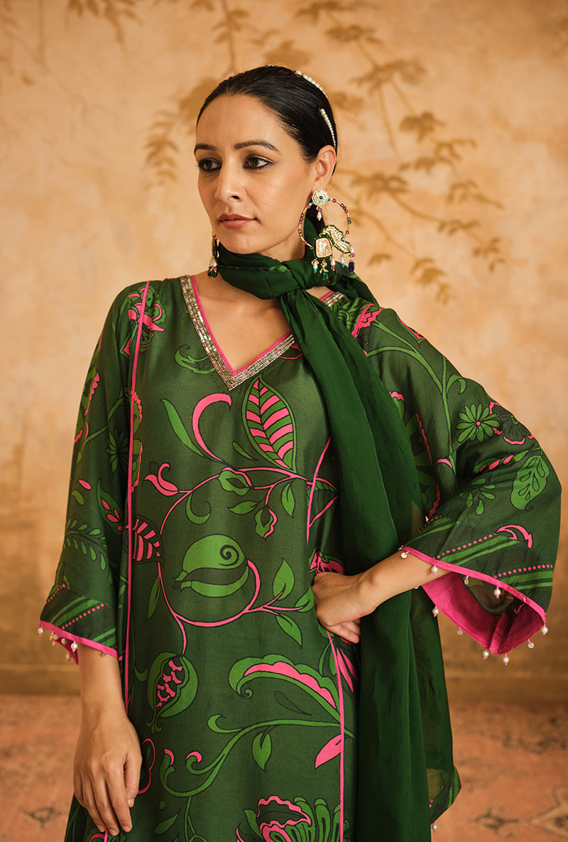 Green Floral Digital Printed Goonj Kurta Set