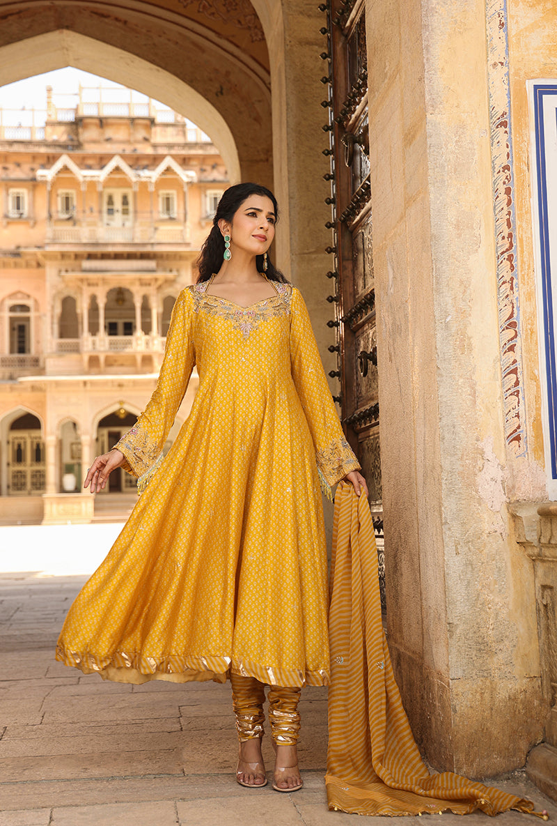 Mustard Printed Raag Kalidar Set