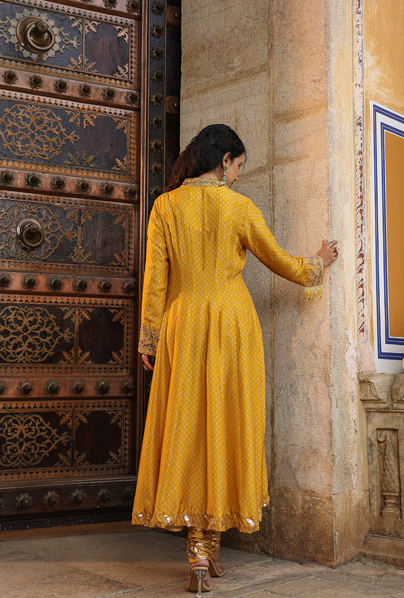 Mustard Printed Raag Kalidar Set