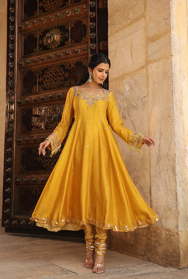 Mustard Printed Raag Kalidar Set