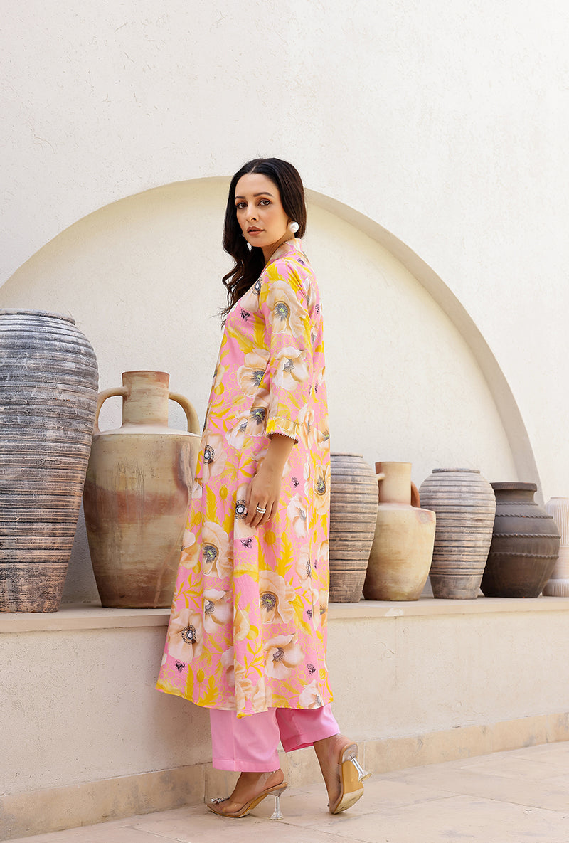 Pink Garden Printed Collar Magnolia Kurta Set