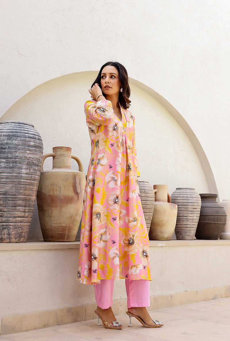 Pink Garden Printed Collar Magnolia Kurta Set