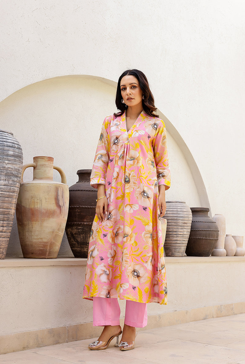 Pink Garden Printed Collar Magnolia Kurta Set