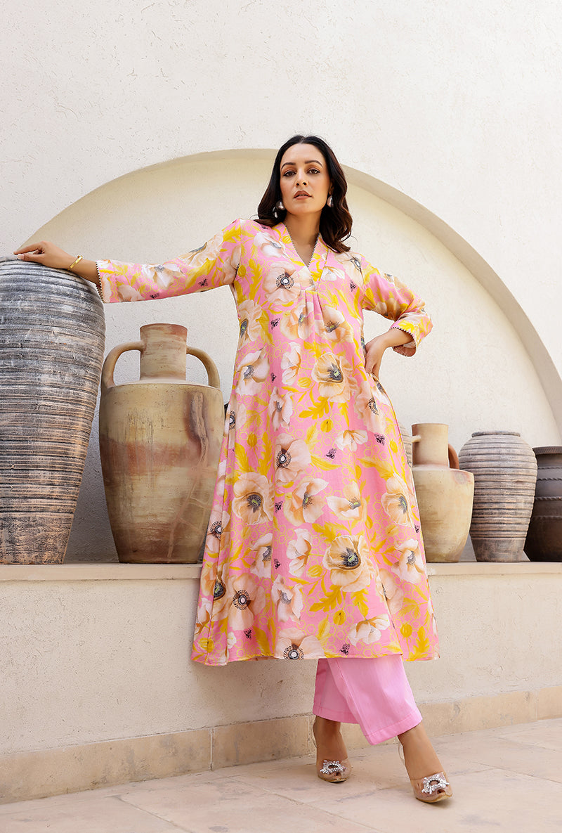 Pink Garden Printed Collar Magnolia Kurta Set
