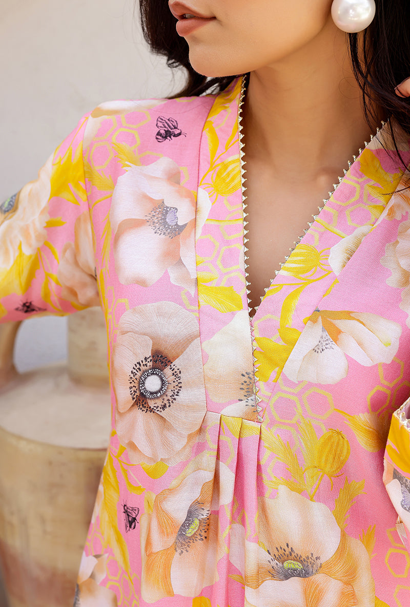 Pink Garden Printed Collar Magnolia Kurta Set