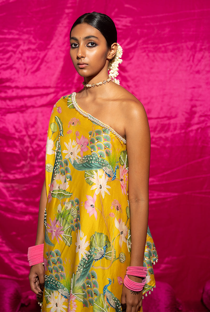 Yellow Printed Off-Shoulder Kamli Sharara Set