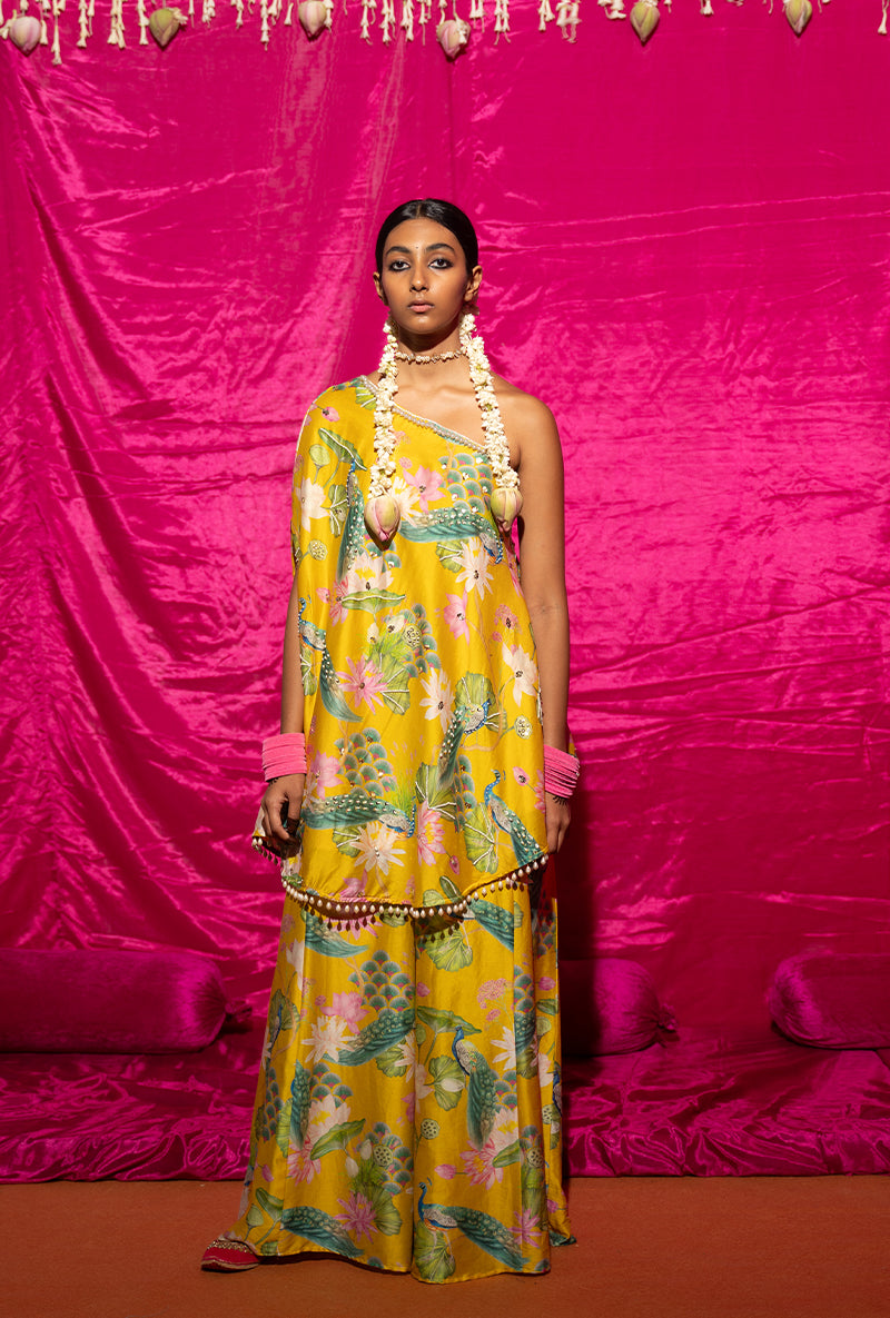 Yellow Printed Off-Shoulder Kamli Sharara Set