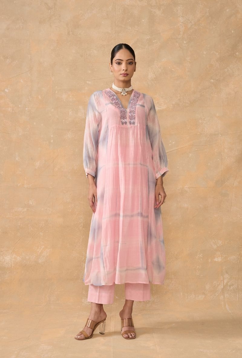 Pink Beaded Neck Clamp Dye Ruhi 2.0 Kurta Set