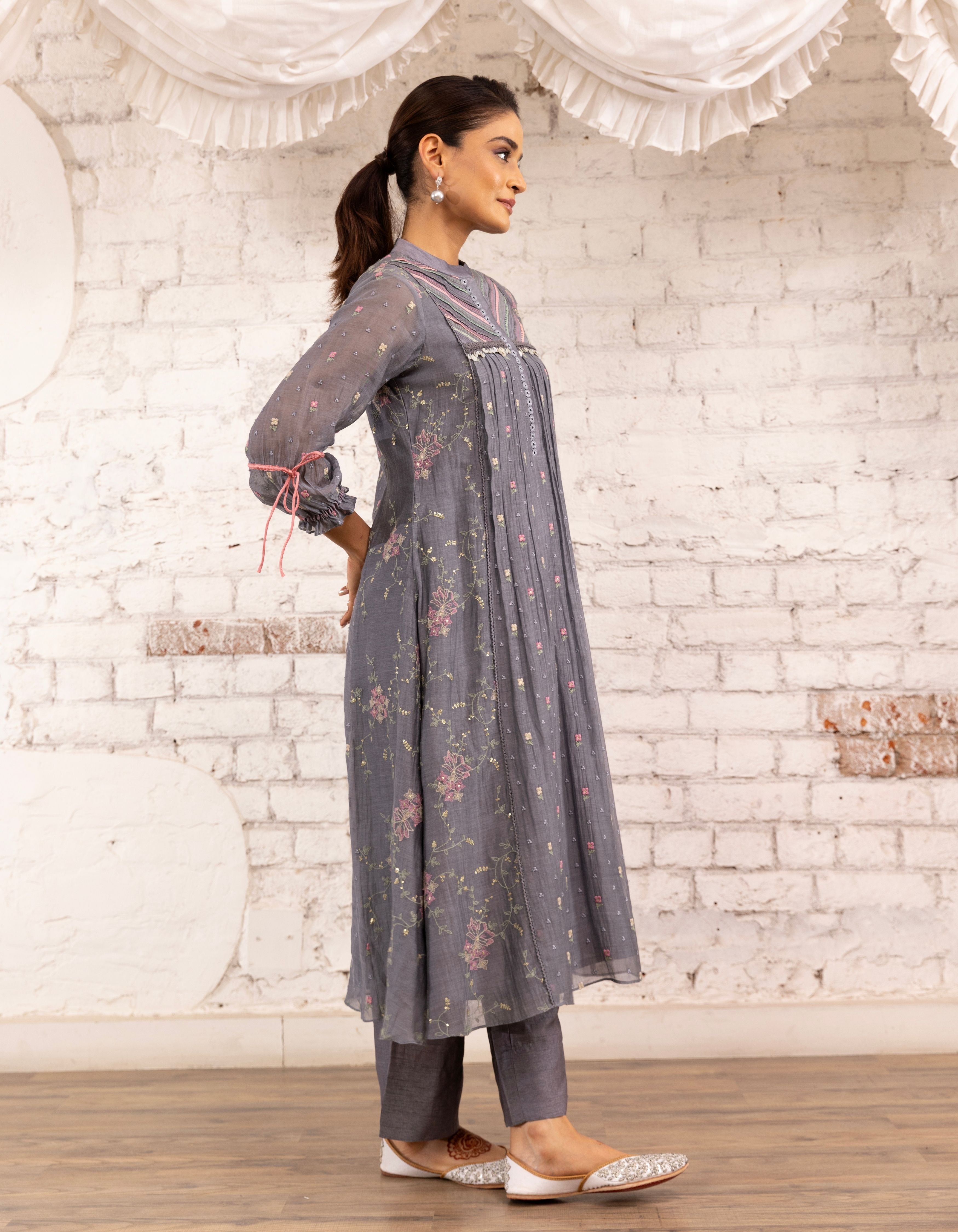 English Blue Threadwork Short Yoke Noor Kurta Set