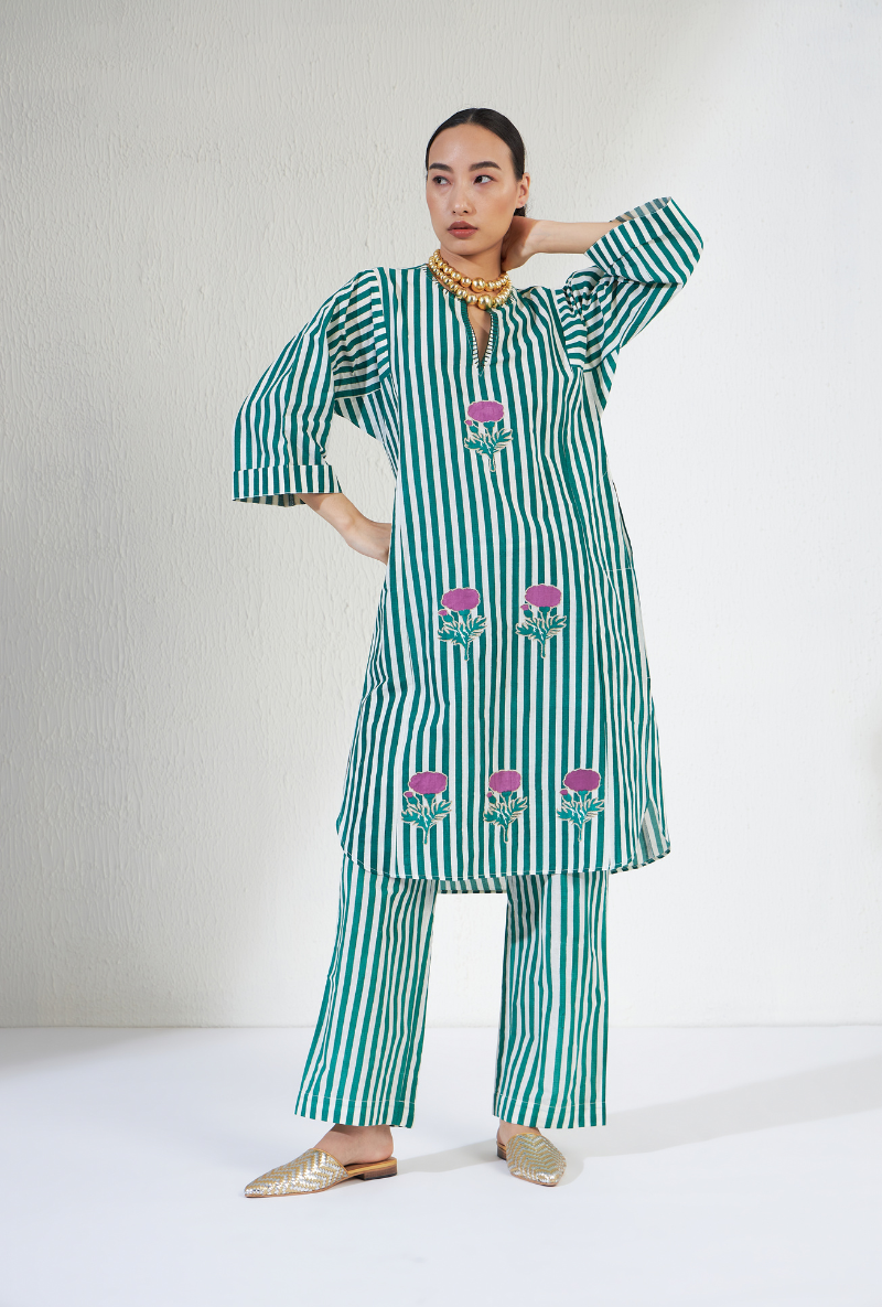 Green And Off White Hand Block Print Stripes Zana Olivia Kurta Set