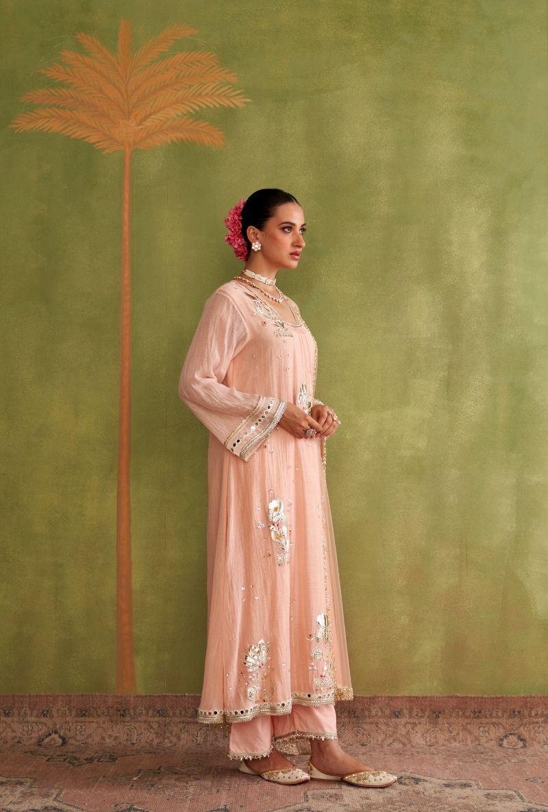 Baby Pink Silver Patchwork Morbagh Kurta Set
