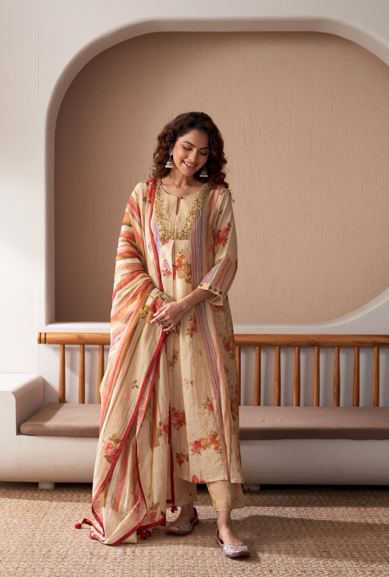 Ivory Sequin Yoke Bageecha Anarkali Set