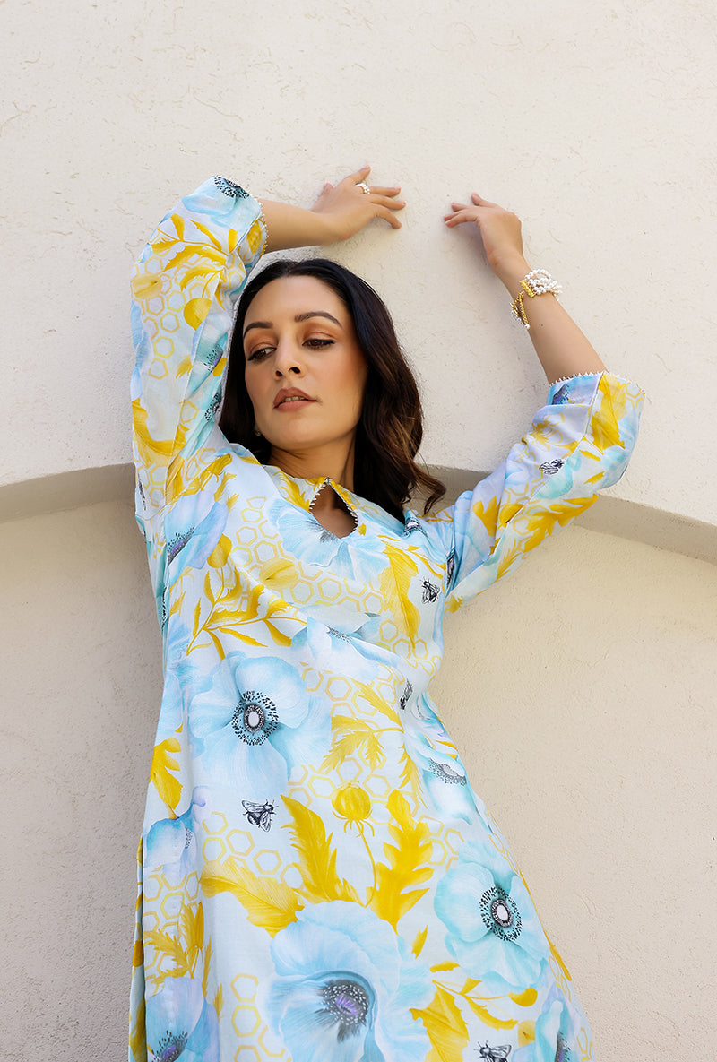 Blue Garden Printed Straight Magnolia Kurta Set
