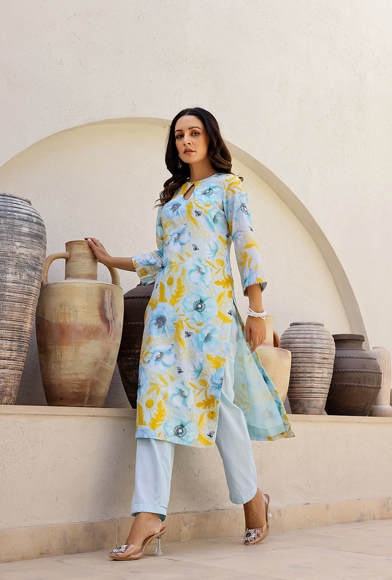 Blue Garden Printed Straight Magnolia Kurta Set