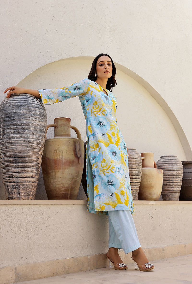 Blue Garden Printed Straight Magnolia Kurta Set