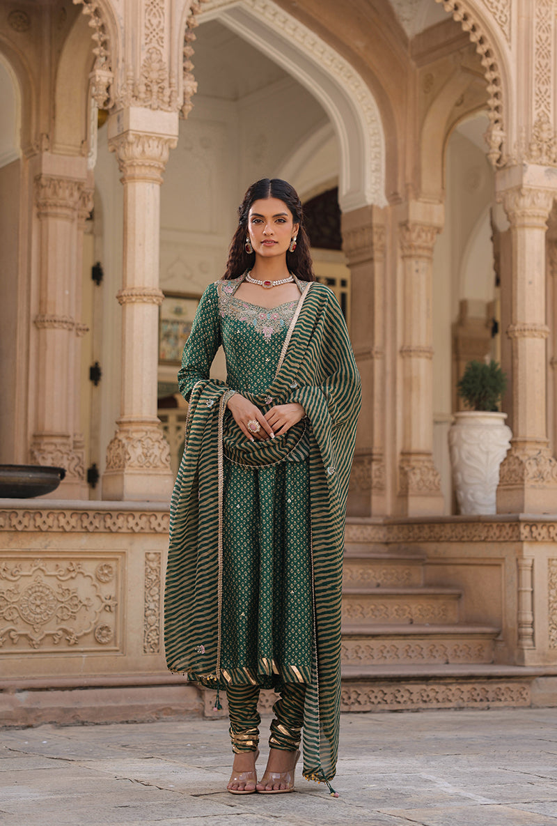 Emerald Green Printed Raag Kalidar Set