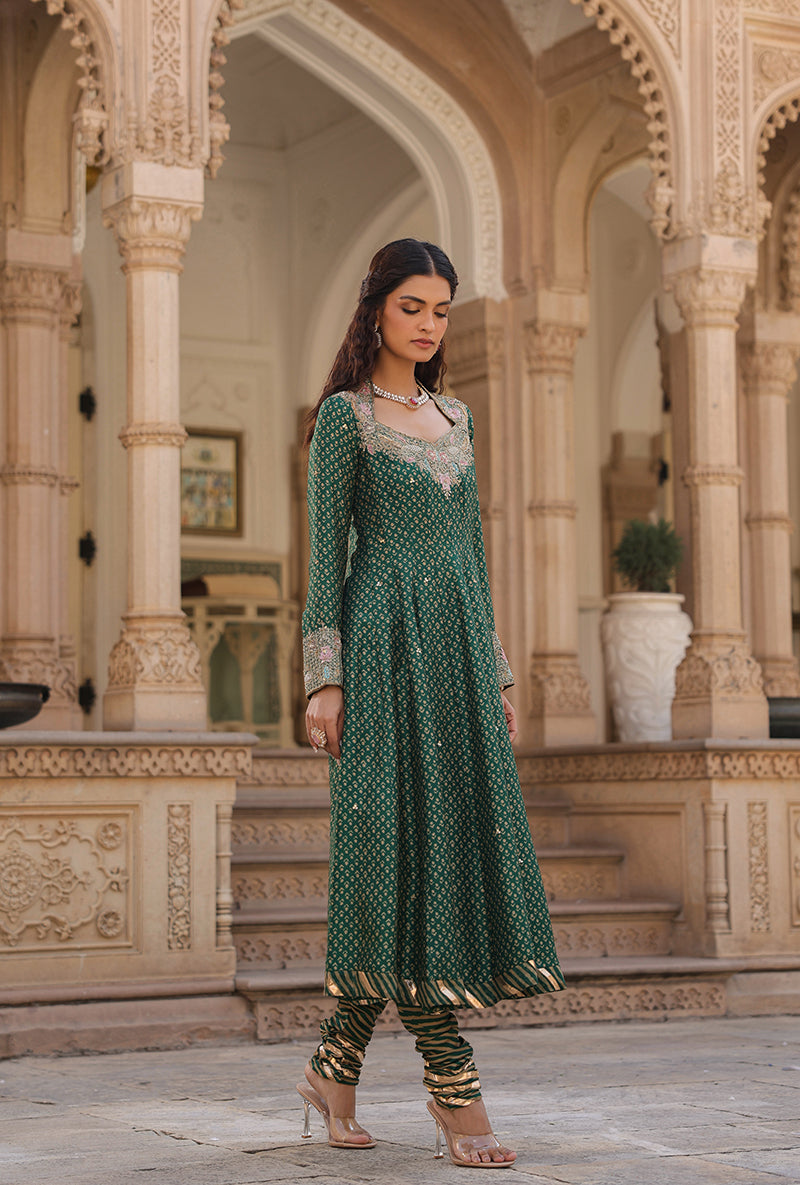 Emerald Green Printed Raag Kalidar Set