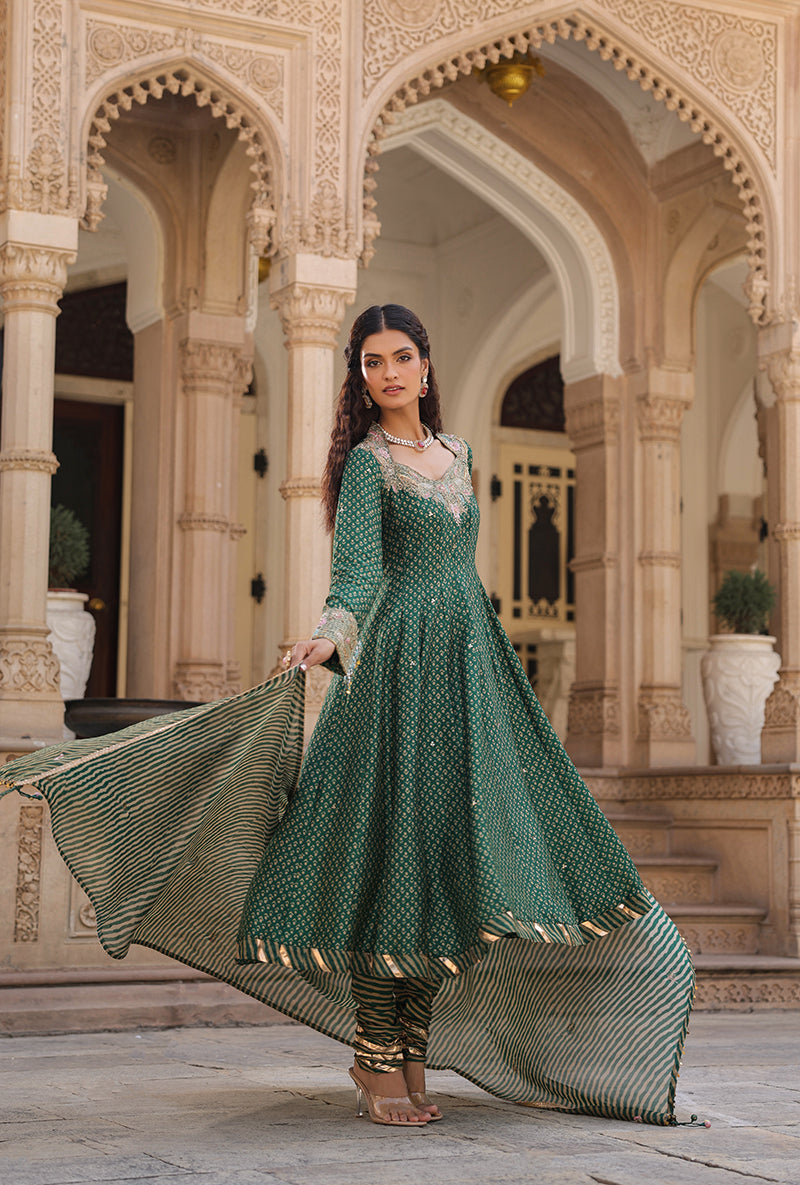 Emerald Green Printed Raag Kalidar Set