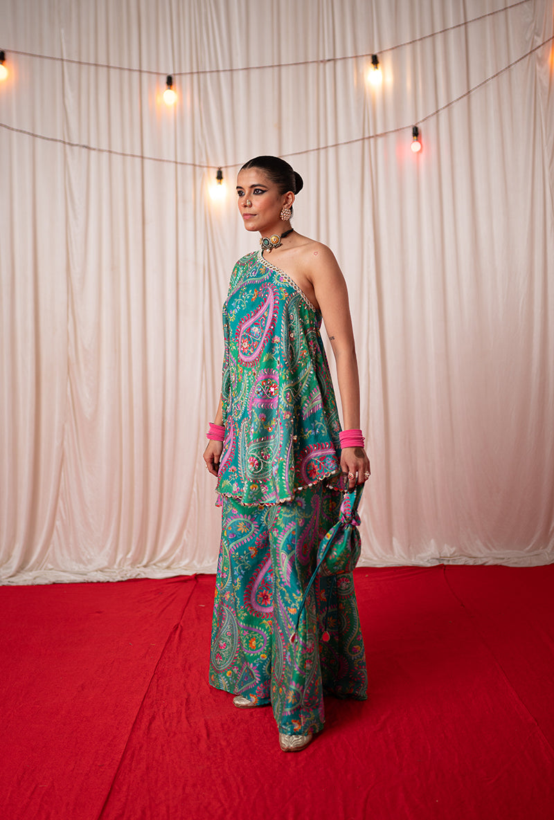Green Off Shoulder Kikli Sharara Set