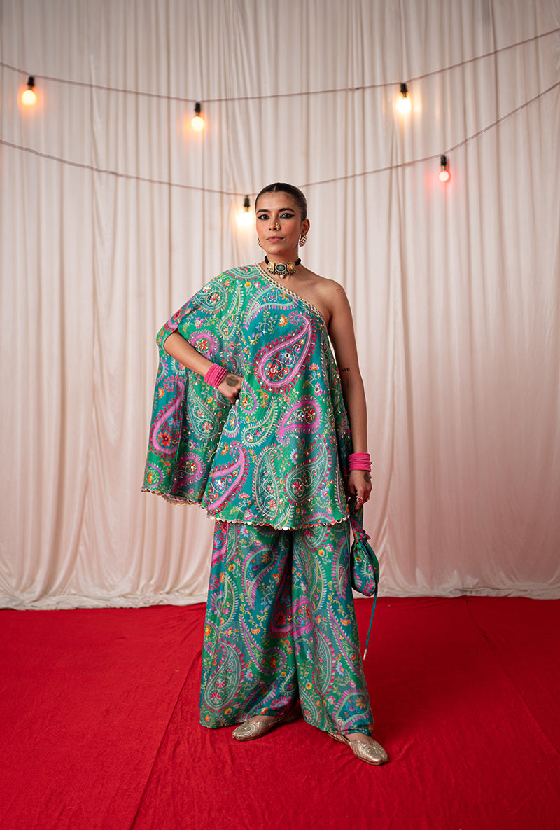 Green Off Shoulder Kikli Sharara Set