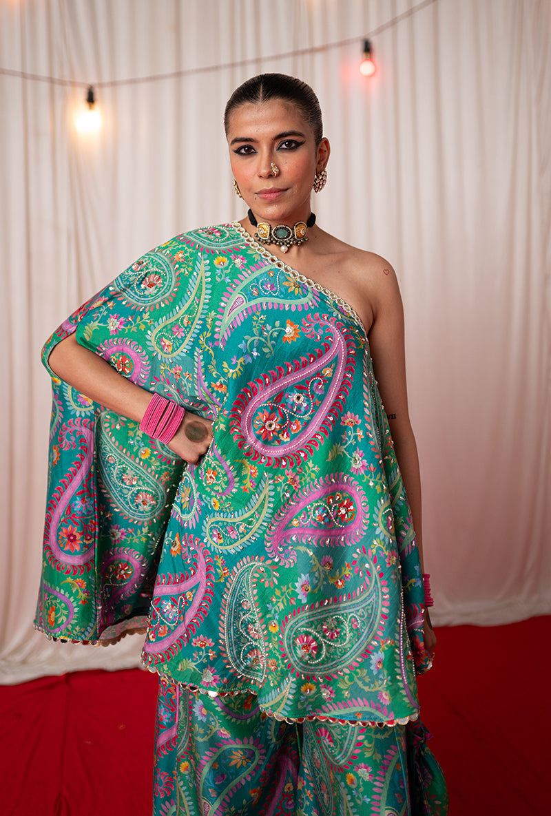 Green Off Shoulder Kikli Sharara Set