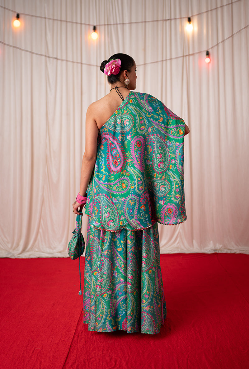 Green Off Shoulder Kikli Sharara Set