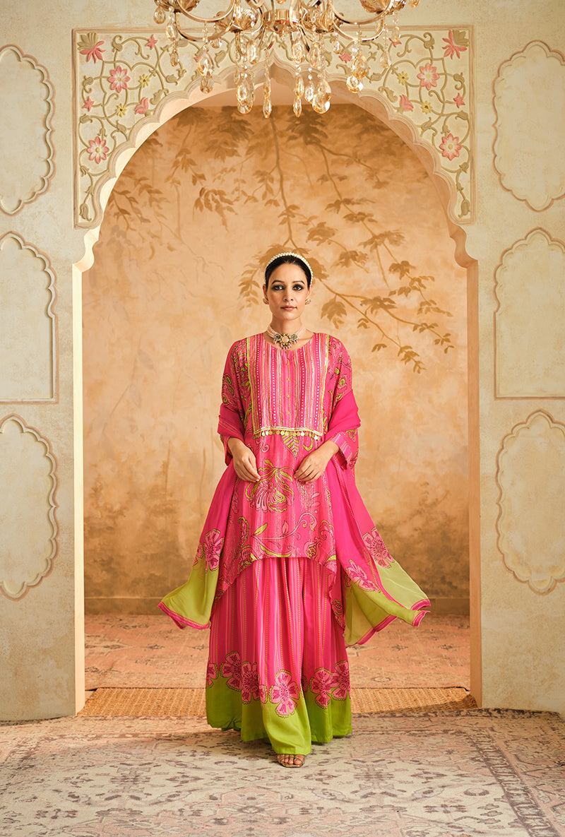 Hot Pink Short Kurta Goonj Sharara Set