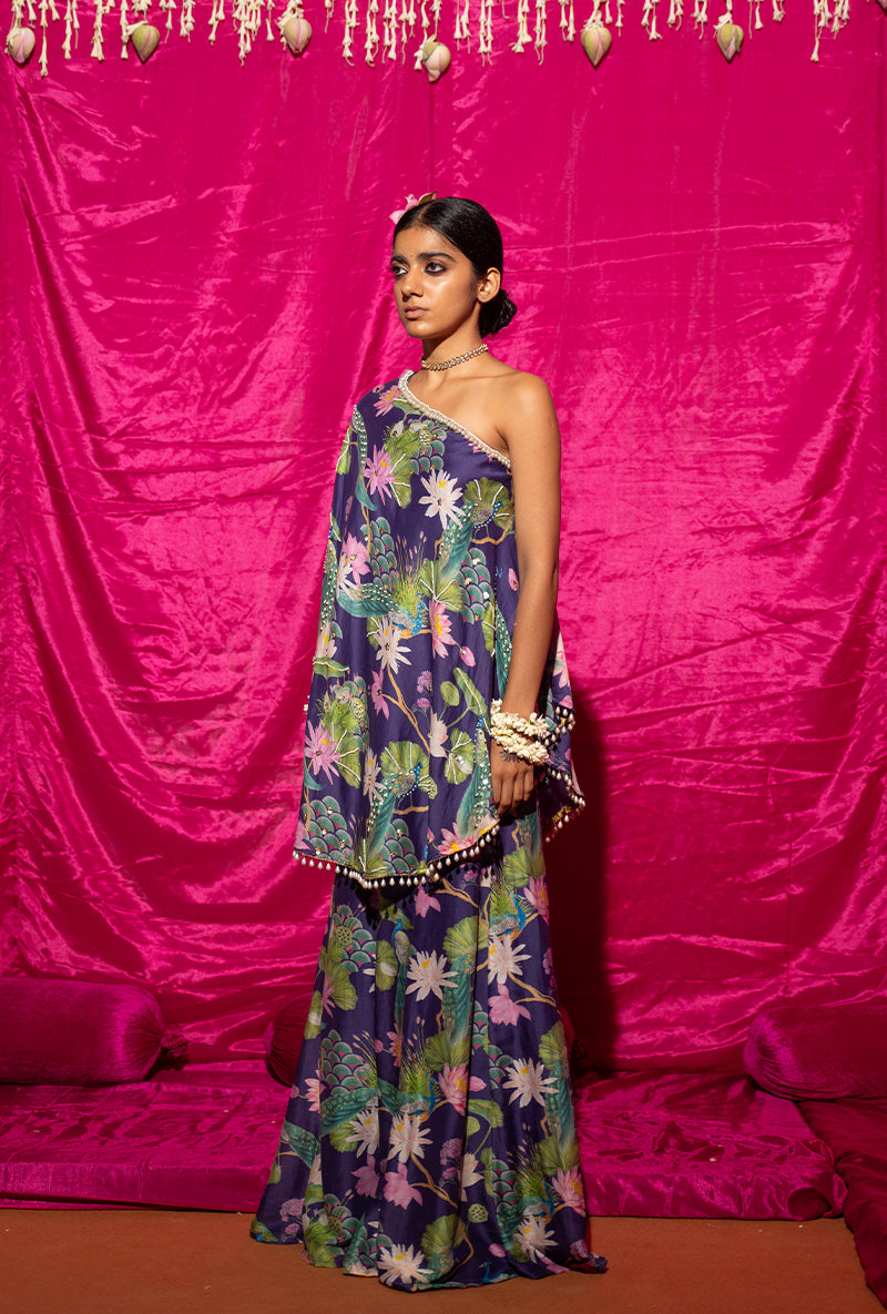 Purple Printed Off-Shoulder Kamli Sharara Set