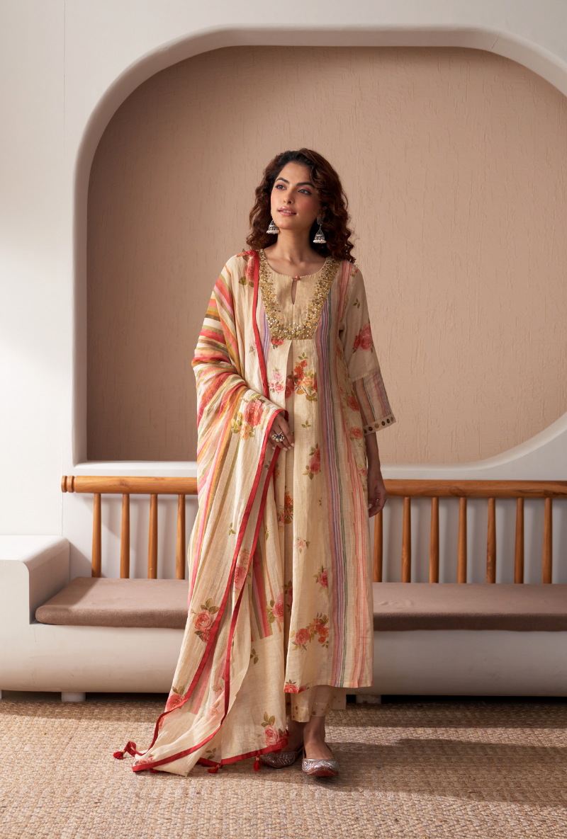Ivory Sequin Yoke Bageecha Anarkali Set