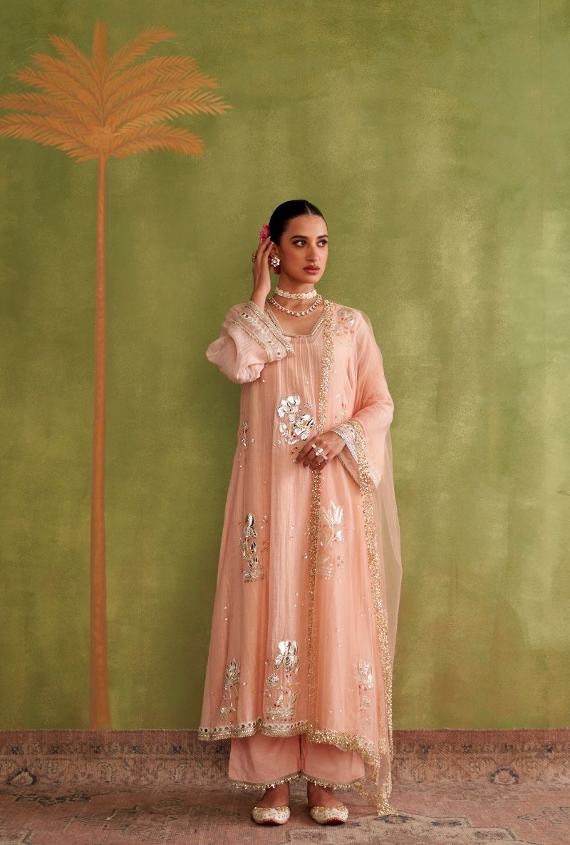 Baby Pink Silver Patchwork Morbagh Kurta Set