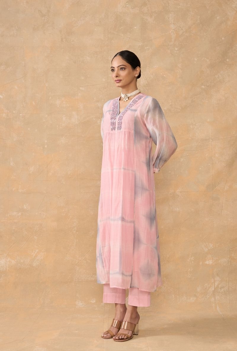 Pink Beaded Neck Clamp Dye Ruhi 2.0 Kurta Set