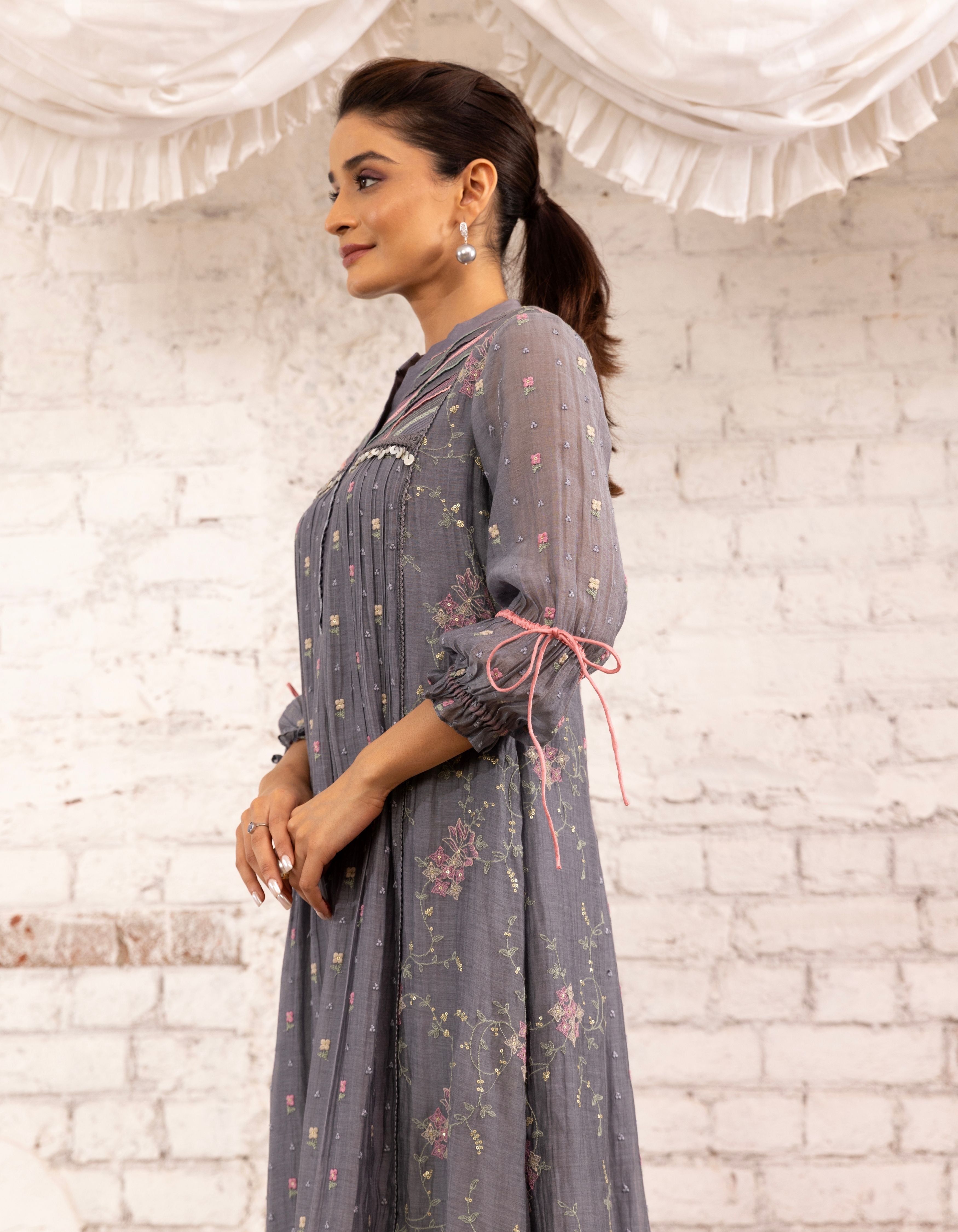 English Blue Threadwork Short Yoke Noor Kurta Set