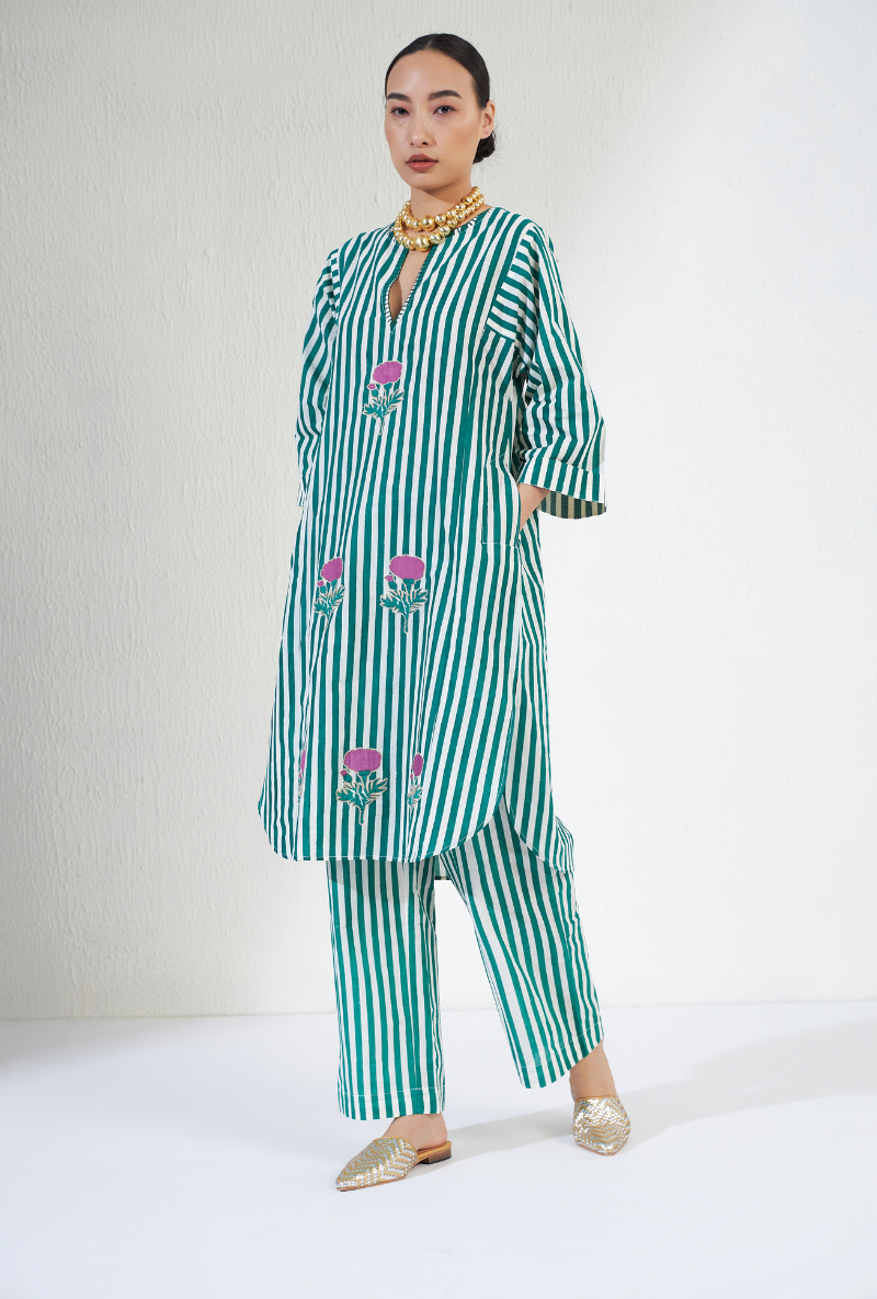 Green And Off White Hand Block Print Stripes Zana Olivia Kurta Set