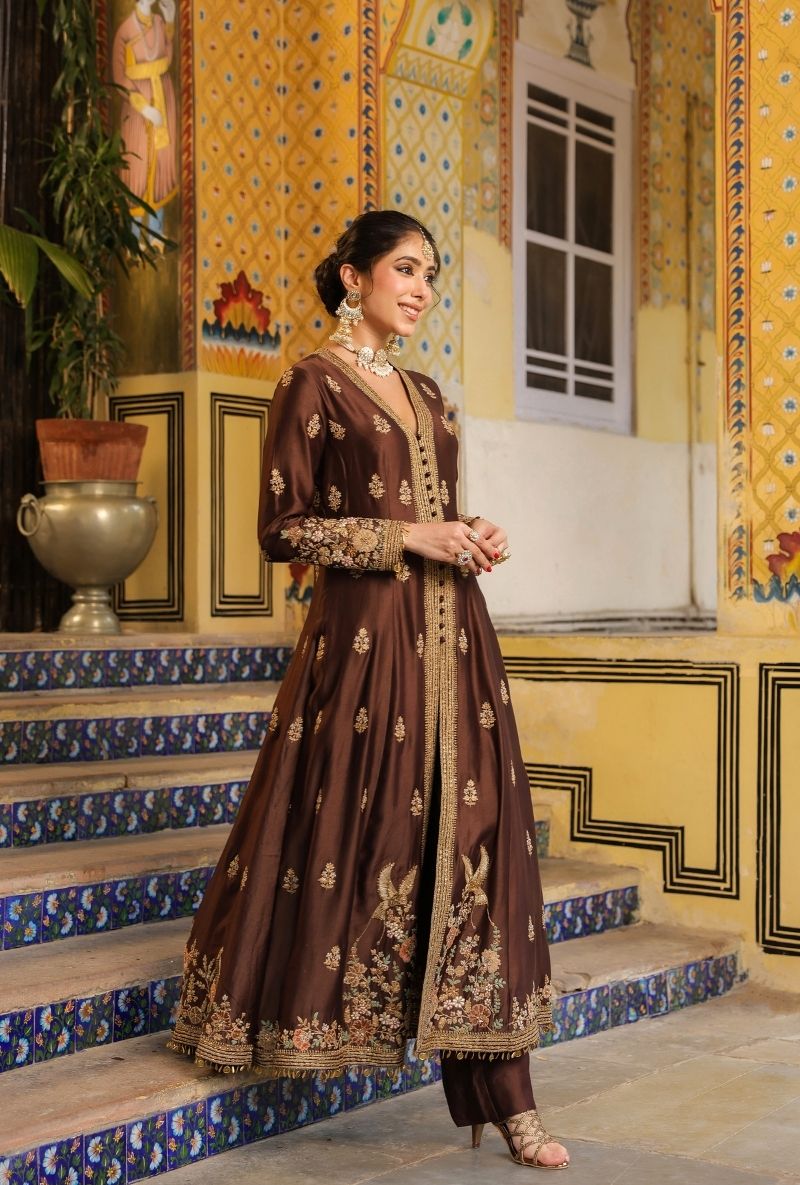 Brown Jacket Mehfil Anarkali Set