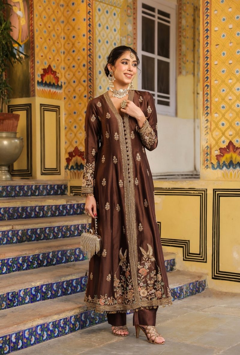 Brown Jacket Mehfil Anarkali Set