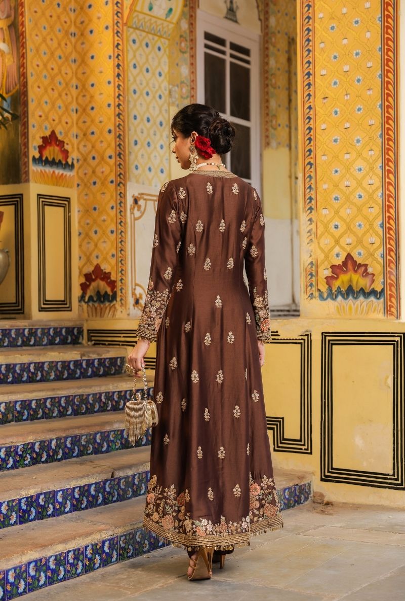 Brown Jacket Mehfil Anarkali Set