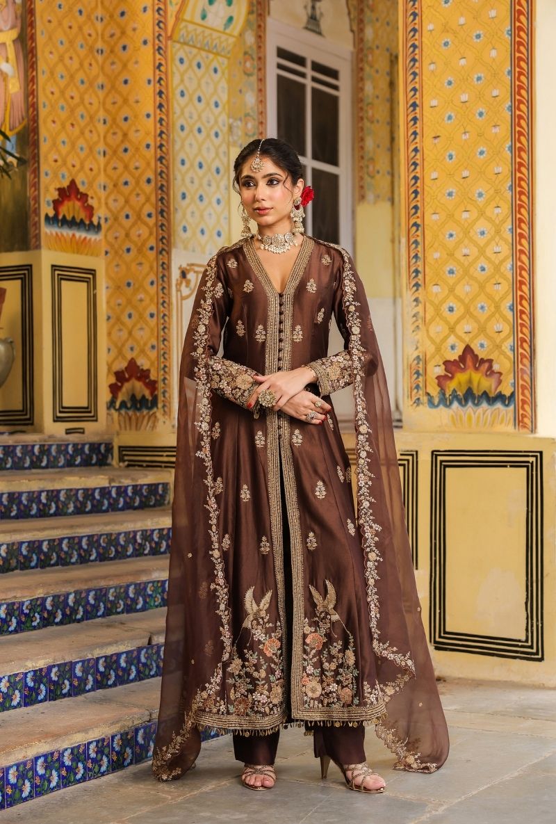 Brown Jacket Mehfil Anarkali Set