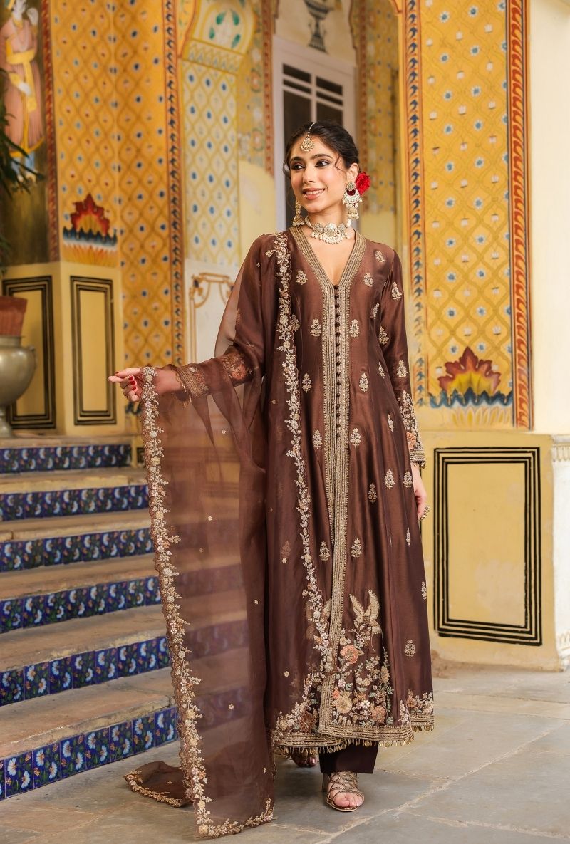 Brown Jacket Mehfil Anarkali Set