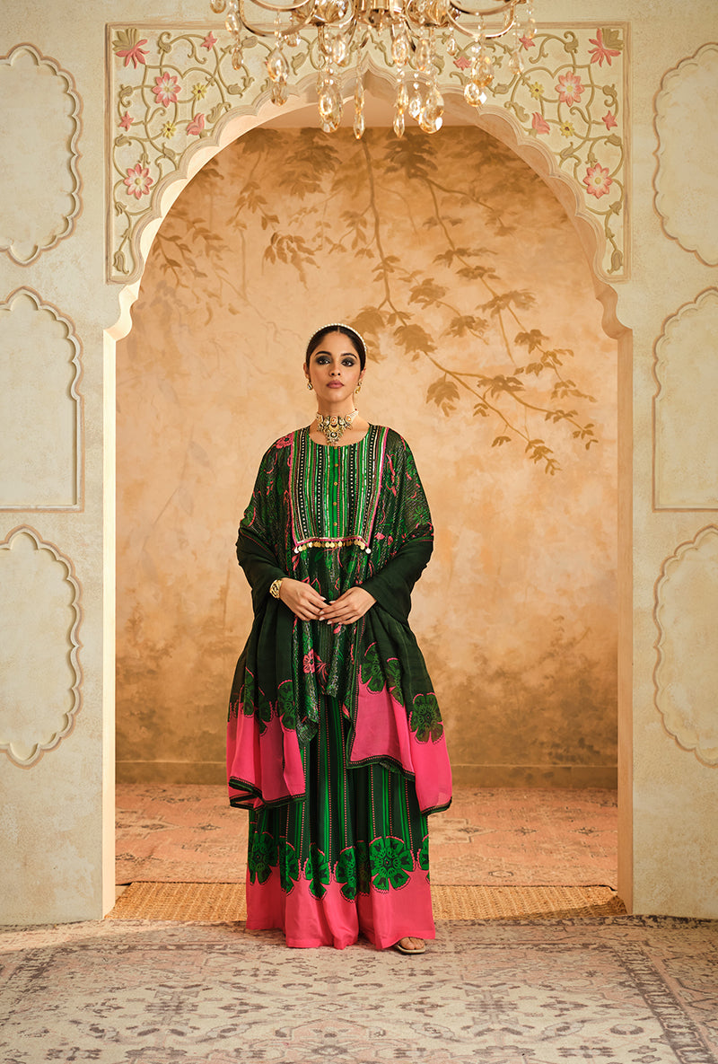 Green Short Kurta Goonj Sharara Set